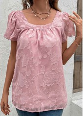Pink tops,Plain Color tops,Ruched Pink Square Neck Short Sleeve Blouse