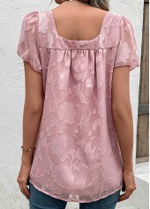 Pink tops,Plain Color tops,Ruched Pink Square Neck Short Sleeve Blouse