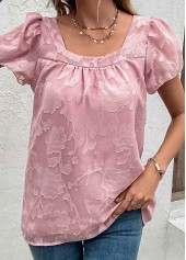 Pink tops,Plain Color tops,Ruched Pink Square Neck Short Sleeve Blouse