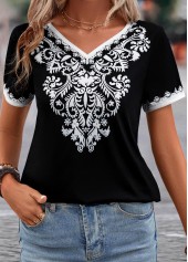 Black tops,Tribal tops,Floral tops,Patchwork Tribal Print Black V Neck T Shirt