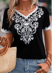 Black tops,Tribal tops,Floral tops,Patchwork Tribal Print Black V Neck T Shirt