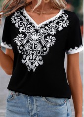 Black tops,Tribal tops,Floral tops,Patchwork Tribal Print Black V Neck T Shirt