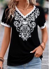 T-shirt à col en V noir à imprimé tribal patchwork