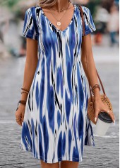 Dark Blue dresses,White dresses,Striped dresses,Dark Blue A Line V Neck Dress