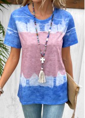 Sky Blue tops,Pink tops,Contrast Color tops,Sky Blue Round Neck Short Sleeve T Shirt