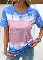 Sky Blue tops,Pink tops,Contrast Color tops,Sky Blue Round Neck Short Sleeve T Shirt