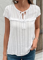 Tie White Round Neck Short Sleeve Blouse