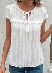 White tops,Plain Color tops,Tie White Round Neck Short Sleeve Blouse