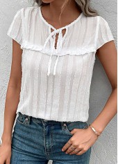 White tops,Plain Color tops,Tie White Round Neck Short Sleeve Blouse