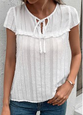 White tops,Plain Color tops,Tie White Round Neck Short Sleeve Blouse