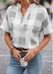 Grey tops,Plaid tops,Geometric tops,Split Plaid Grey Short Sleeve Blouse