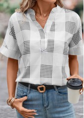 Grey tops,Plaid tops,Geometric tops,Split Plaid Grey Short Sleeve Blouse