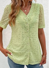Green tops,Plain Color tops,ROTITA Lace Green V Neck Short Sleeve Blouse