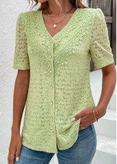 Green tops,Plain Color tops,ROTITA Lace Green V Neck Short Sleeve Blouse