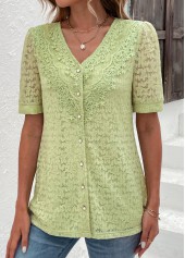 Green tops,Plain Color tops,ROTITA Lace Green V Neck Short Sleeve Blouse