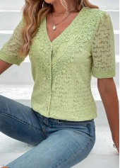 Green tops,Plain Color tops,ROTITA Lace Green V Neck Short Sleeve Blouse