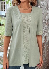 Sage Green tops,Plain Color tops,ROTITA Sage Green Square Neck Fake Two Piece Twinset