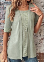 Sage Green tops,Plain Color tops,ROTITA Sage Green Square Neck Fake Two Piece Twinset