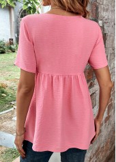 Pink tops,Plain Color tops,ROTITA Button Pink Square Neck Short Sleeve Blouse