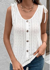 White tops,Plain Color tops,Button White Scoop Neck Tank Top