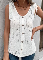 White tops,Plain Color tops,Button White Scoop Neck Tank Top