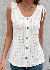 White tops,Plain Color tops,Button White Scoop Neck Tank Top