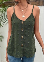 Green tops,Plain Color tops,Button Green V Neck Strappy Camisole Top