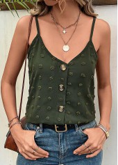 Green tops,Plain Color tops,Button Green V Neck Strappy Camisole Top