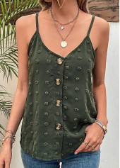 Green tops,Plain Color tops,Button Green V Neck Strappy Camisole Top