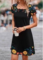 Black dresses,Floral dresses,Plants dresses,Patchwork Floral Print Black Short Shift Dress