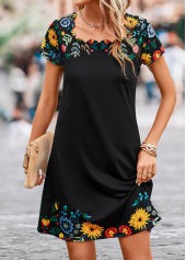 Patchwork Floral Print Black Short Shift Dress