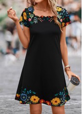 Black dresses,Floral dresses,Plants dresses,Patchwork Floral Print Black Short Shift Dress