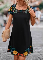 Black dresses,Floral dresses,Plants dresses,Patchwork Floral Print Black Short Shift Dress