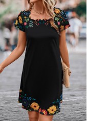 Black dresses,Floral dresses,Plants dresses,Patchwork Floral Print Black Short Shift Dress