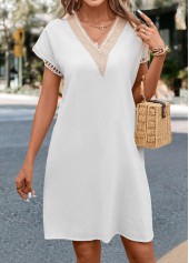 White dresses,Plain Color dresses,Everyday dresses,Casual dresses,Patchwork V Neck White Shift Dress