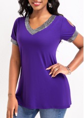 Purple tops,Plain Color tops,Sequin Purple V Neck Short Sleeve T Shirt