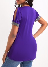Purple tops,Plain Color tops,Sequin Purple V Neck Short Sleeve T Shirt