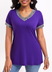 Sequin Purple V Neck Short Sleeve T Shirt