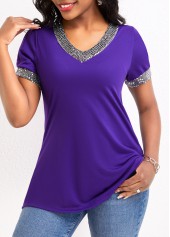 Purple tops,Plain Color tops,Sequin Purple V Neck Short Sleeve T Shirt