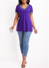 Purple tops,Plain Color tops,Sequin Purple V Neck Short Sleeve T Shirt