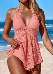 Pink swimwear,Plain Color swimwear,ROTITA Lace Pink Mid Waisted Swimdress and Panty