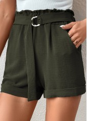 Green bottoms,Plain Color bottoms,Pocket Green Belted Regular Elastic Waist Shorts