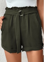 Green bottoms,Plain Color bottoms,Pocket Green Belted Regular Elastic Waist Shorts
