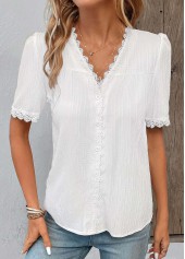 White tops,Plain Color tops,Patchwork White V Neck Short Sleeve Blouse