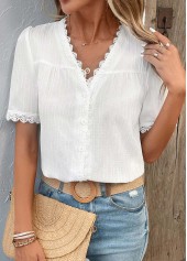 White tops,Plain Color tops,Patchwork White V Neck Short Sleeve Blouse
