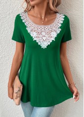 Green tops,Plain Color tops,Patchwork Green Boat Neck Short Sleeve T Shirt