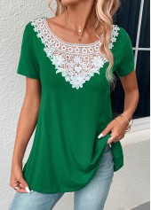 Patchwork Green Boat Neck Short Sleeve T Shirt