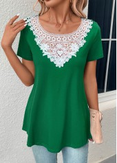 Green tops,Plain Color tops,Patchwork Green Boat Neck Short Sleeve T Shirt