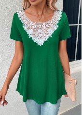 Green tops,Plain Color tops,Patchwork Green Boat Neck Short Sleeve T Shirt