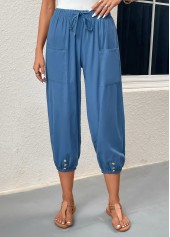 Blue bottoms,Plain Color bottoms,Pocket Blue Elastic Waist High Waisted Pants